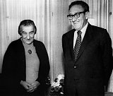 American Secretary of State Henry Kissinger (Right) stand next to Israeli Prime Minister Golda Meir (Left) during a visit in Israel, on February 27, 1974. Soviet and U.S. intervention stopped the Yom Kippur war, and on January 18, 1974, Egypt and Israel signed their first “disengagement” agreement separating their military forces along a 20-mile north-south line on the east side of the Suez Canal. RADIOPHOTO / AFP