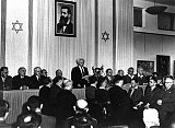 Picture dated 14 May 1948 shows Israeli Prime Minister David Ben Gourion flanked by members of his provisionnal gouvernement reading Israel's declaration of independence in Tel Aviv. On November 29, 1947, the United Nations' General Assembly voted resolution 181 on the division of Palestine in two states, one Jewish and one Arab. The State of Israel was proclamed on 14 May 1948 by the Jewish National Council and was recognized by the United States and the Soviet Union 15 and 17 May the same year. Arab States of Lebanon, Syria, Jordan, Egypt and Iraq crossed the borders from north, east and south with their regular armies 15 May 1948. Agreements signed in 1949 between Israel and the Arab States ended the 1948 Arab-Israeli War, and established the armistice lines between Israel and the West Bank, also known as the Green Line, until the 1967 Six-Day War. GPO / AFP