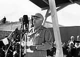 Ahmad Shukeiri, head of the Palestine Liberation Organisation (PLO) adresses Gaza people on the occasion of the eight anniversary of the evacuation of Tripartite Aggression troops from Gaza Sector, in Gaza, Palestine, on March 11, 1965. The Tripartite Aggression, also known as the Suez Crisis, is a military attack on Egypt by Britain, France and Israel on 1956 to nationalize the Suez Canal and for Israel it's the occasion to occupy Gaza from October 1956 to March 1957. AFP