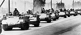 A column of Israeli armor toward the Lebanese border 06 June 1982 in an invasion of southern Lebanon against Palestinian guerillas in an attempt to drive them out of range of Israel's northern settlements. AFP PHOTO/UPI 