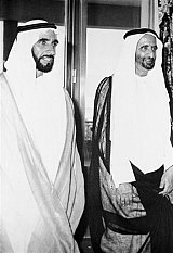 Picture dated 21 October 1972 show the founding fathers of the United Arab Emirates, Sheikh Zayed Ben Sultan al-Nahyan (L) and Sheikh Rashid ben Said al-Maktoum. Sheikh Zayed, the ruler of Abu Dhabi, became UAE president upon independence while al-Maktoum, ruler of Dubai since 1958, became vice-president. WAM / AFP