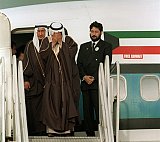 Sheikh Jaber al-Ahmad al-Sabah, Emir of Kuwait, prays as he disembark his plane 14 March 1991 upon his arrival at Kuwait International Airport after more than seven months in exile during the Iraqi occupation of his country. A US-led multinational coalition evicted Iraqi occupation forces in February 1991 at the end of the six-week conflict. Three years later, Iraq officially recognized the state of Kuwait and its UN-demarcated borders. MP Uday Saddam Hussein, the elder son of the Iraqi president, has renewed 15 January 2001 claims to Kuwait as forming part of a "Greater Iraq", in an except of a report to parliament in Baghdad. BOB PEARSON / AFP
